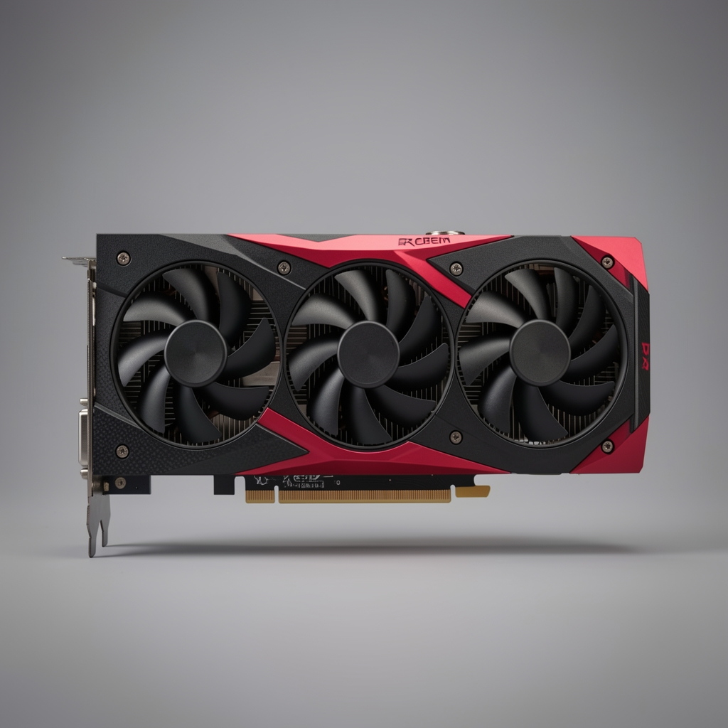 AMD Radeon RX 9070 XT placă video RDNA 4 cu sistem de răcire triplu fan fotografiată pe fundal gradient gri