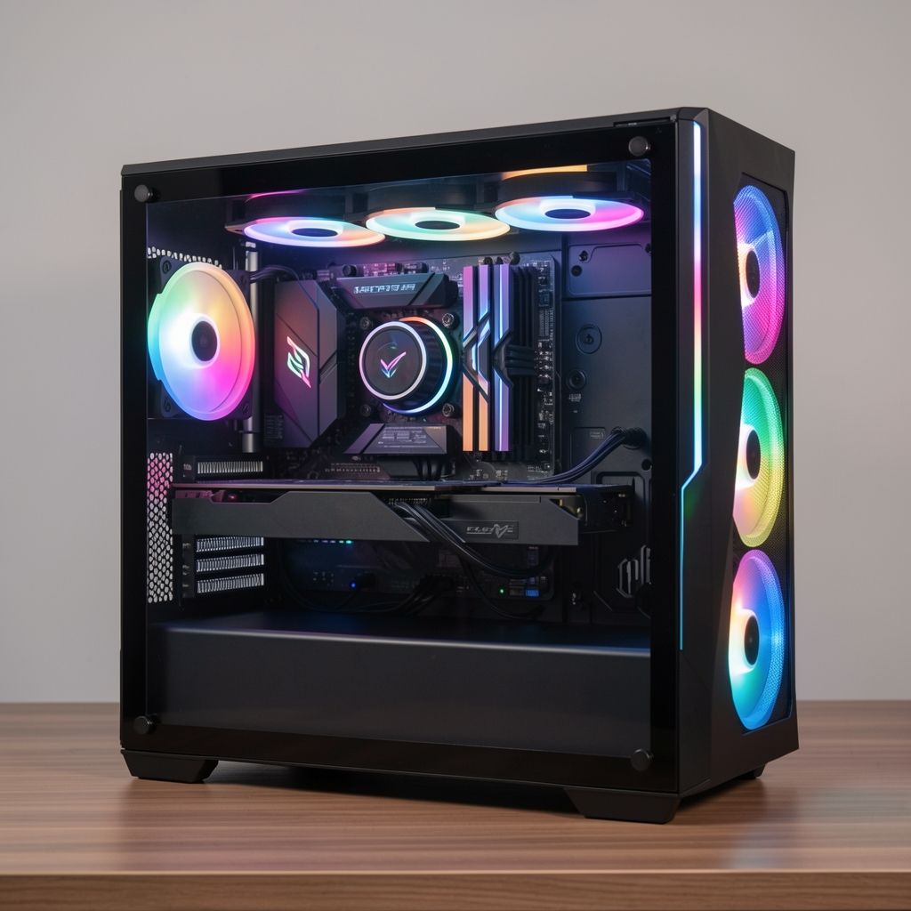 PC gaming desktop asamblat complet cu componente high-end vizibile prin carcasă cu panou lateral din sticlă temperată și iluminare RGB