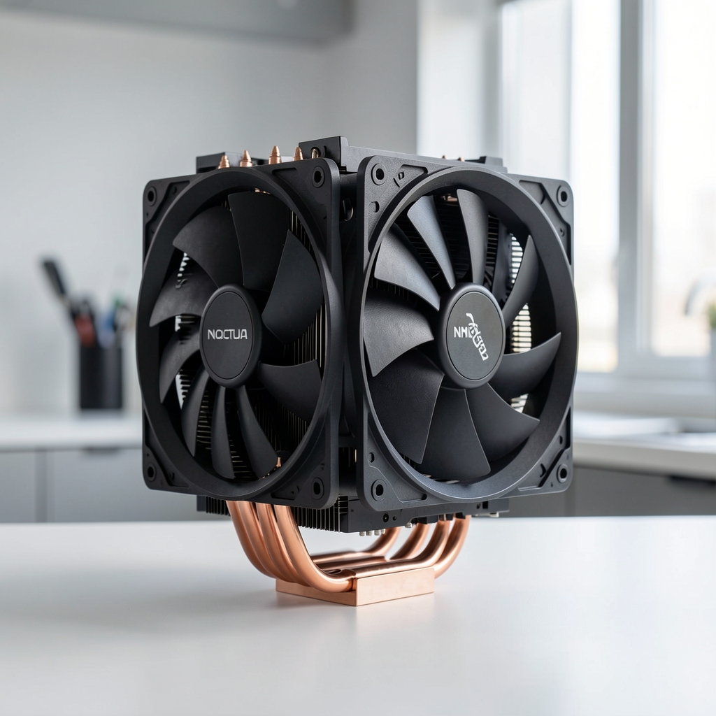 Cooler CPU Noctua NH-D15 cu două ventilatoare 140mm montat pe procesor AMD, vedere din lateral evidențiind heatpipe-urile de cupru