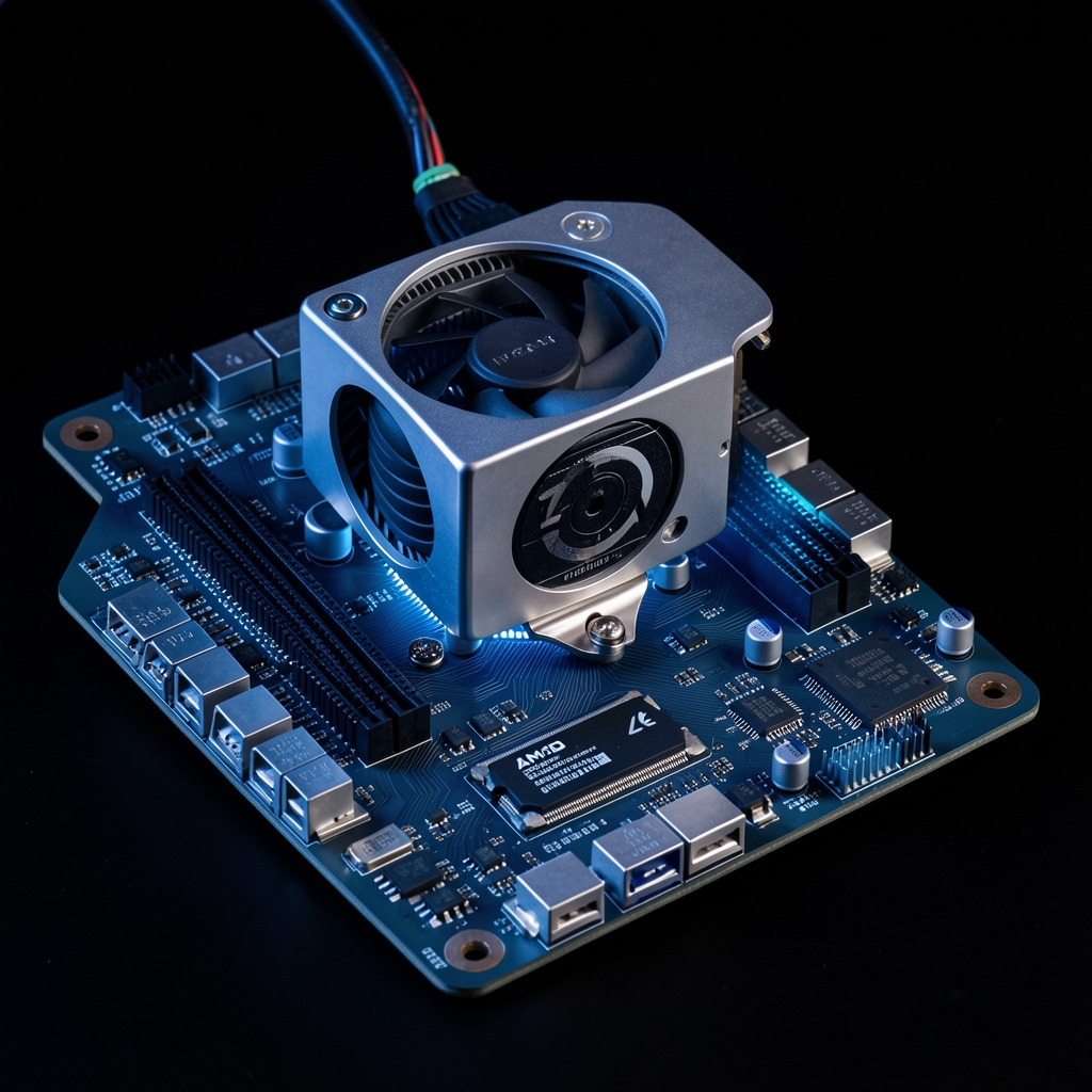 AMD Ryzen 9 9950X procesor desktop Zen 5 montat pe placă de bază AM5, fotografiat pe fundal negru cu iluminare LED albastră