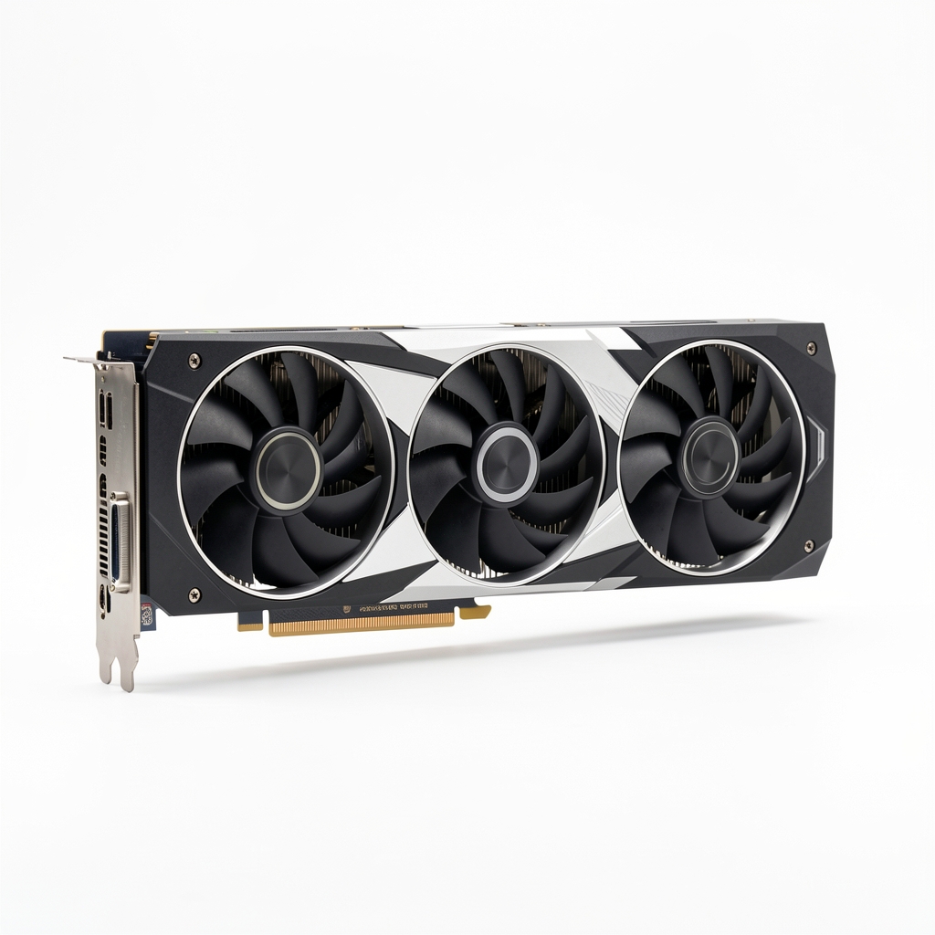 NVIDIA GeForce RTX 5080 placă video cu cooler triple-fan pe fundal alb studio