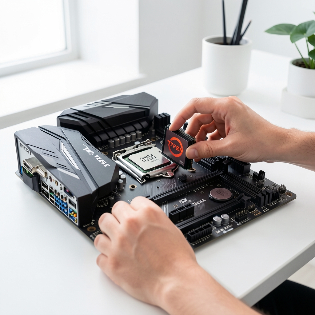 Mâini instalând atent un procesor AMD Ryzen în socket AM5 pe o placă de bază MSI neagră, fundal studio