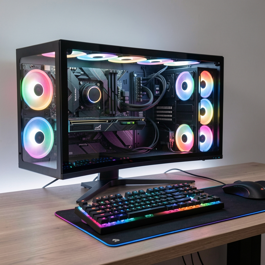 Setup gaming modern cu monitor ultrawide, tastatură mecanică iluminată RGB și componente PC vizibile printr-un panou de sticlă
