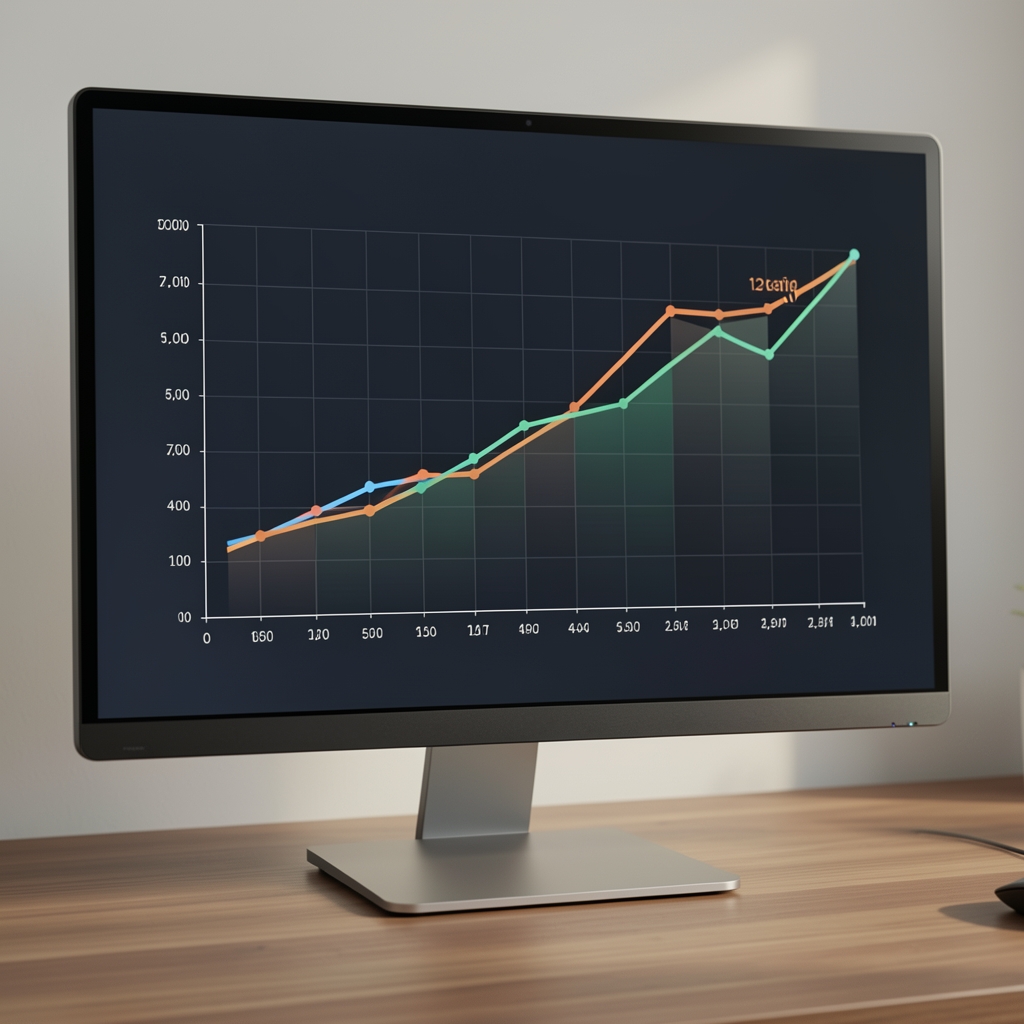 Grafic digital cu evoluția prețurilor componentelor PC în România pe 12 luni, afișat pe monitor cu scăderi marcate