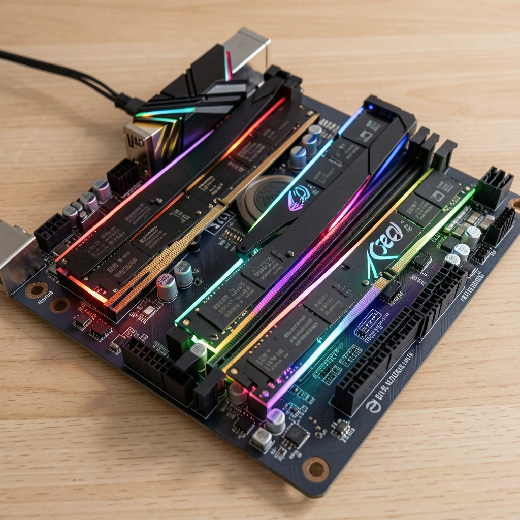 Set dual-channel memorii RAM DDR5 cu iluminare RGB pe placa de bază, freecvență 6000MHz