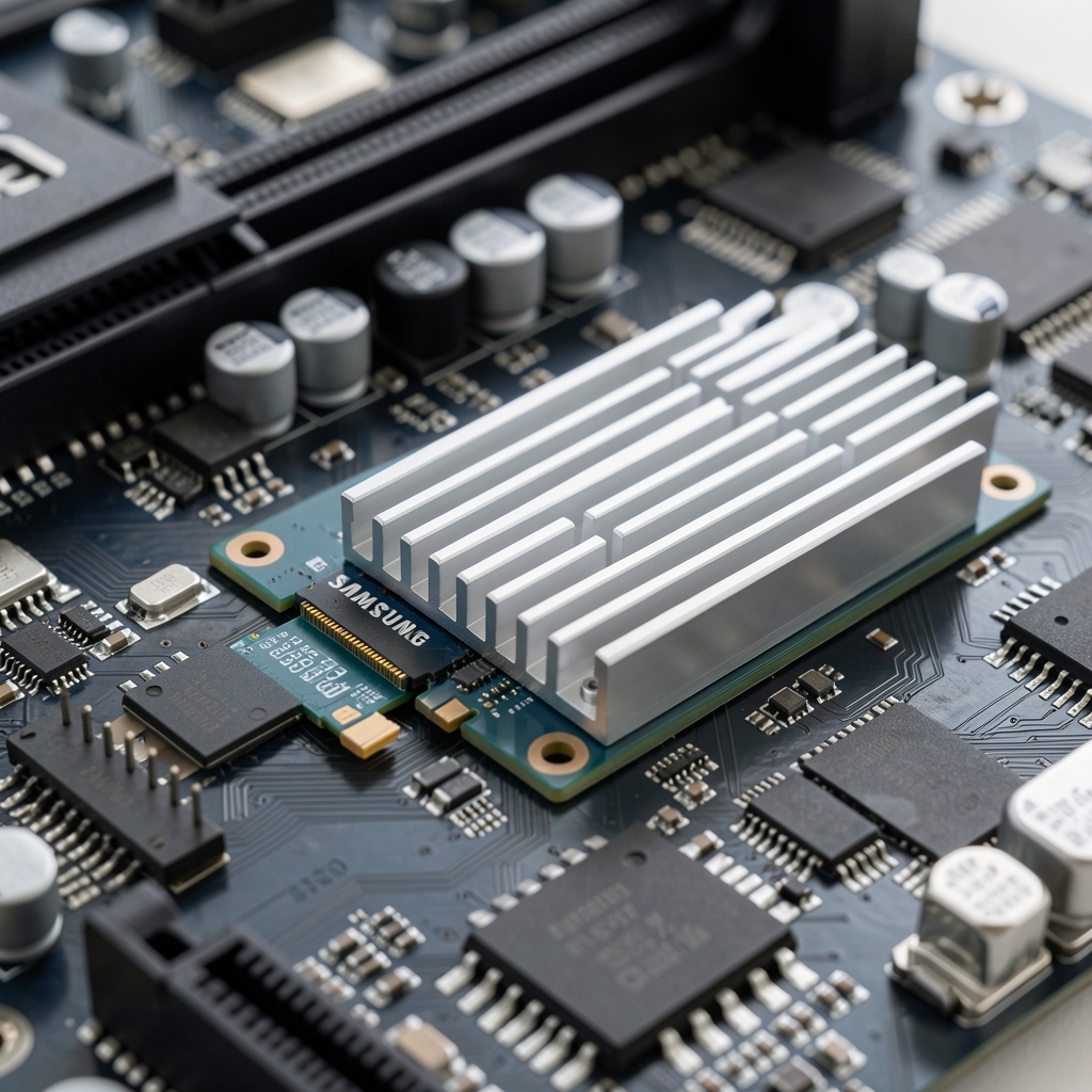 SSD NVMe M.2 Samsung 990 Pro pe placă de bază, arătând conectorul M.2 și heatsink-ul de aluminiu