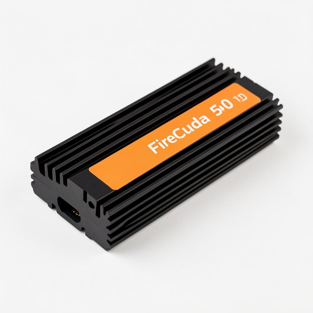 Seagate FireCuda 540 PCIe 5.0 SSD 1TB cu dissipator termic negru tip radiator și etichetă portocalie pe fundal alb