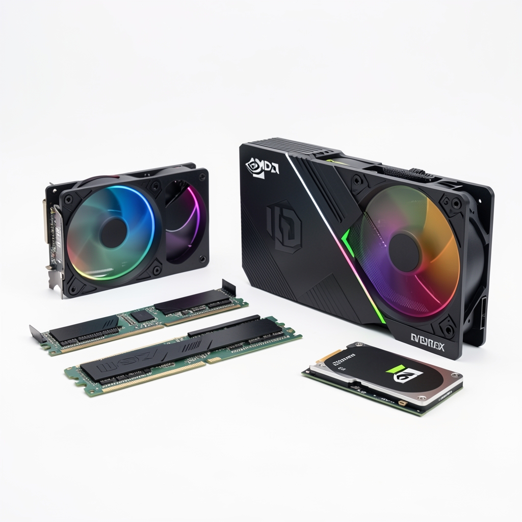 Colecție de componente PC high-end pe fundal alb: procesor AMD, placă video NVIDIA RTX, memorii RAM DDR5 și SSD NVMe aranjate profesional