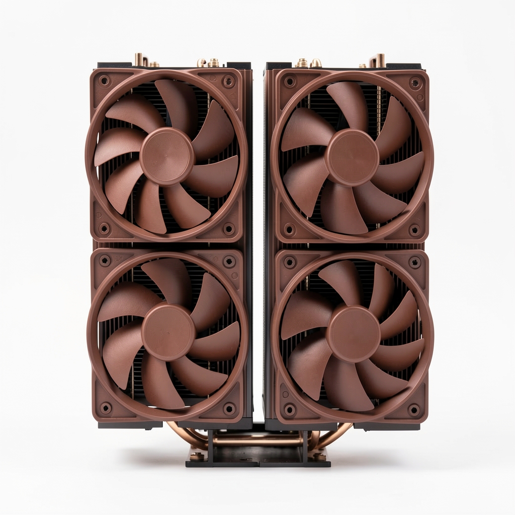 Cooler procesor Noctua NH-D15 cu două turnuri și ventilatoare NF-A15 maro pe fundal alb, vedere frontală