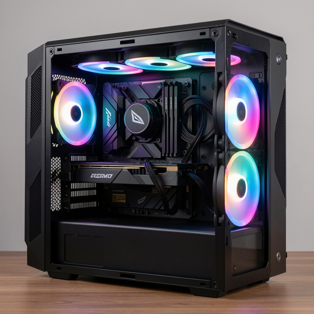 Configurație PC gaming high-end asamblată cu componente premium vizibile: procesor, placă video, RAM și cooler iluminate RGB, vedere din lateral