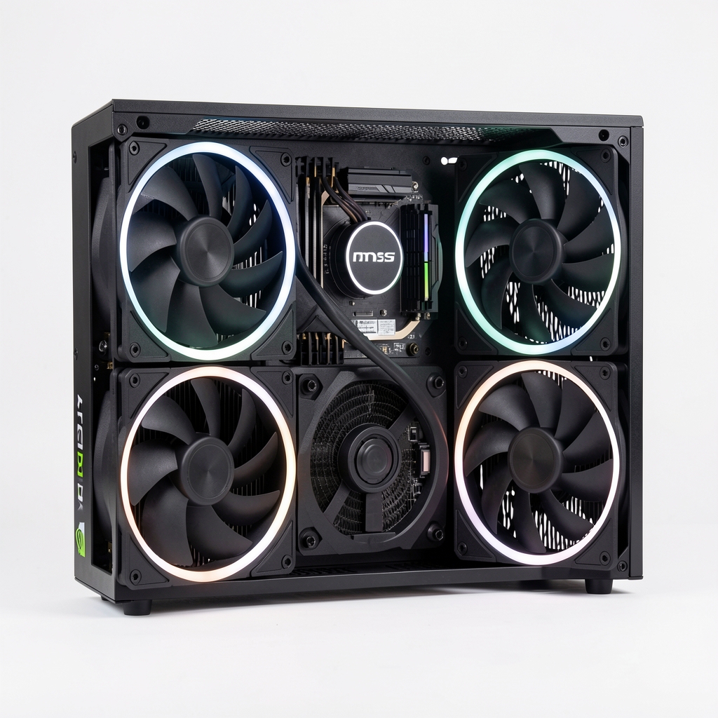 NVIDIA GeForce RTX 5070 MSI Gaming Trio cu sistem de răcire dual și iluminare RGB alb-negru pe fundal alb