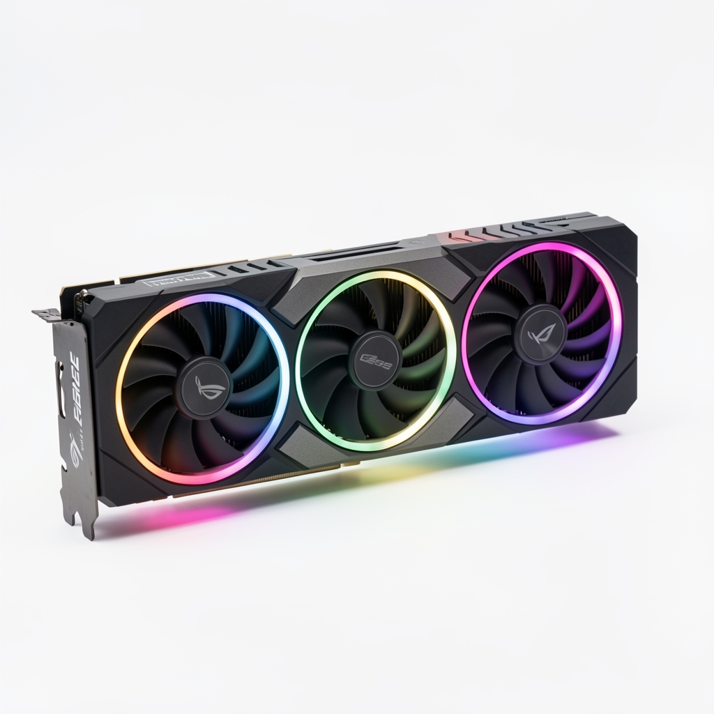 NVIDIA GeForce RTX 5080 ASUS ROG Strix OC cu triple ventilator și iluminare RGB pe fundal alb